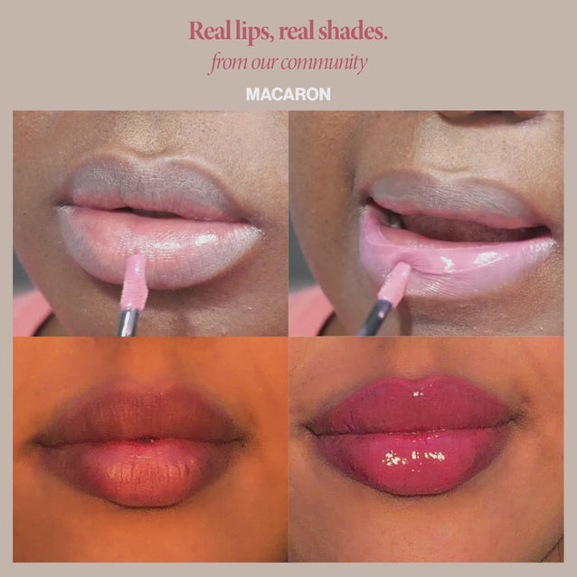 Mega Bite Macaron: Before and after: Mega Bite in Macaron on two real lips, bare then a glossy pink tint.