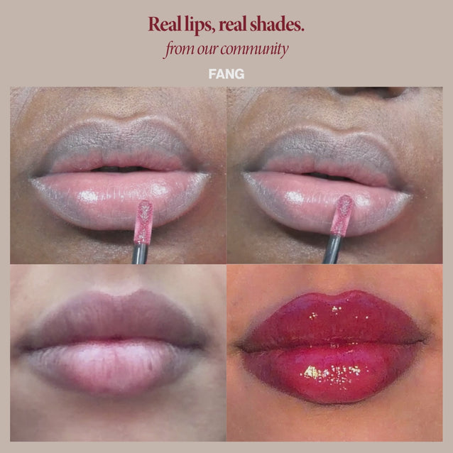 Mega Bite Fang: Before and after: Mega Bite in Fang on two real lips, bare then a glossy moody cherry tint.