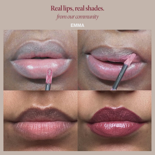 Mega Bite Emma: Before and after: Mega Bite in Emma on two real lips, bare then glossy rose-nude, evening out two-tone lips.
