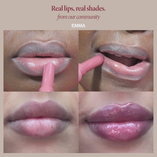 Voice Note Emma: Before and after: Voice Note in Emma on two real lips, bare then a soft rose-nude balm tint.