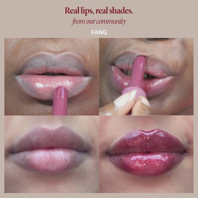 Voice Note Fang: Before and after: Voice Note in Fang on two real lips, bare then a sheer moody cherry balm tint.